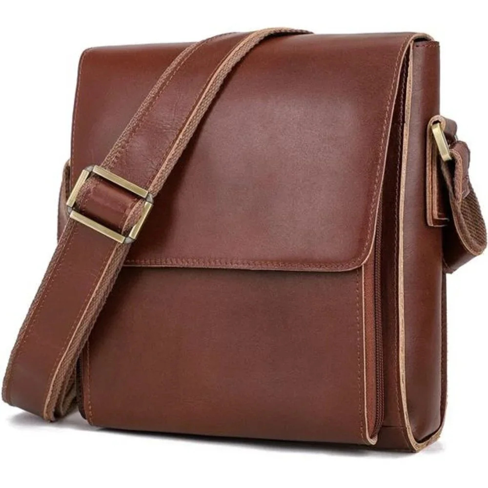 Leather Messenger Shoulder Crossbody Bag for Men Work Business Vintage Magnetic